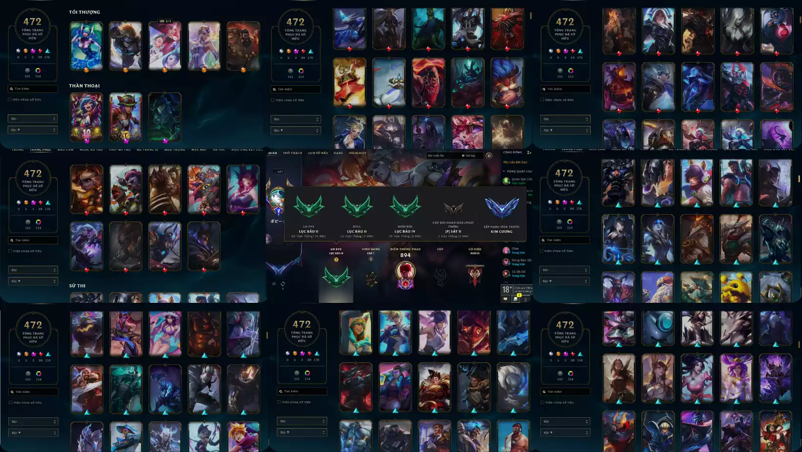 Ảnh ACC 5VS5 FULL CHAMP  SKIN : 472 , 5 CAM 3 TÍM 39 ĐỎ 176 SỬ THI,FULL TƯỚNG , ĐA SẮC : 116,CỜ HIỆU NOXUS, LV : 637, DƯ 27K THL RANK : DD LB 4 LH 2 DTCL LB 2 ,365K TT LEESIN DTCL : ASHE  TÍ NỊ VÀ NHIỀU PET 3 SAO ,SÂN ĐỎ ,CHƯỞNG LỰC NHIỀU CÒN ĐỔI TÊN